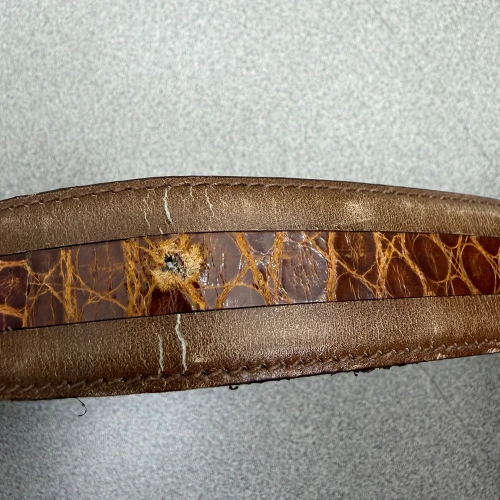 Maeni Parma Belt Mens Brown Leather Croc Exotic Inlay Gold Tone Buckle Italy *